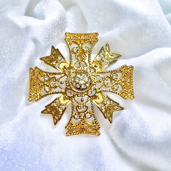 Kenneth Jay Lane Jewelry - Vintage Signed Kenneth Jay Lane Gold with Crystals Maltese Cross Brooch Pendant